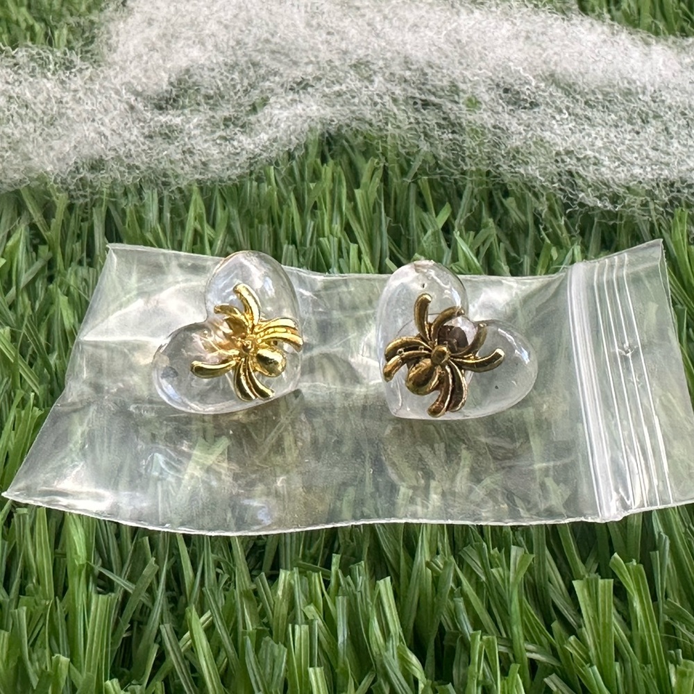 Heart Shaped Earrings with Gold Spider Design